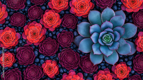 Colorful flower arrangement showcasing vibrant roses and succulents on a dark background