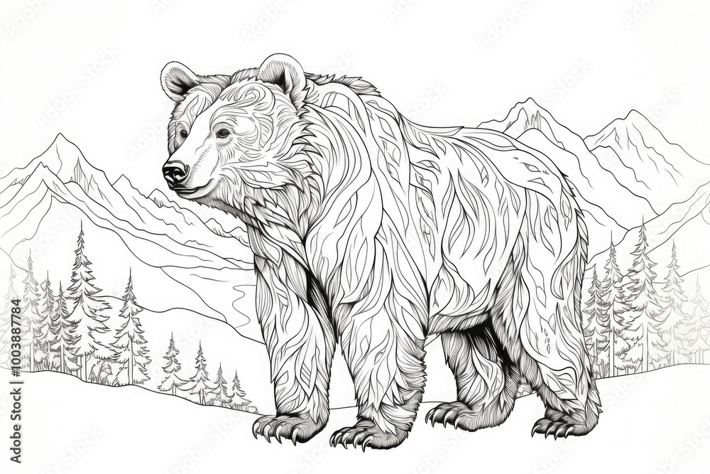Black and white illustration of a brown bear standing on its hind legs in a forest at the foot of a mountain, ideal for coloring books or nature-themed designs Black and white illustration of a brown bear standing on its hind legs in a forest at the foot of a mountain, ideal for coloring books or nature-themed designs