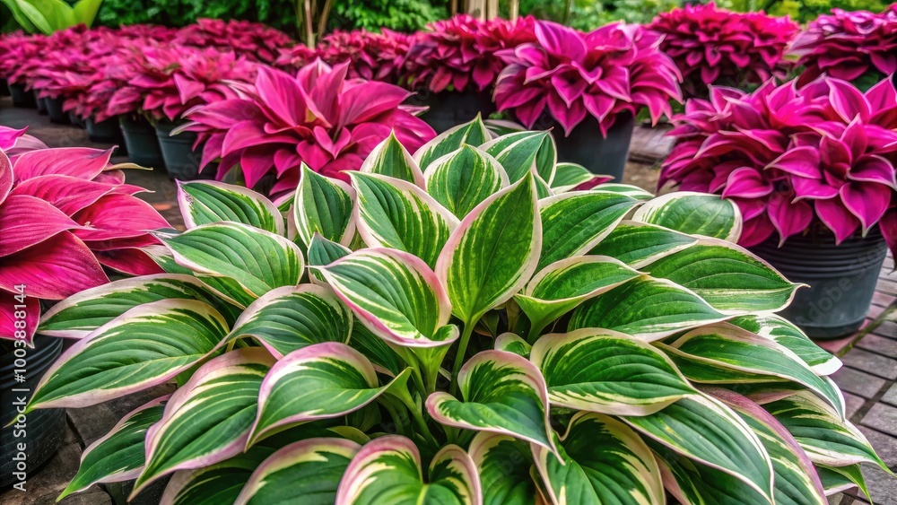 Fototapeta premium Vibrant pink hosta plants available at our garden center, ideal for enhancing your landscaping and perfect for all your home decor projects. Shop now!