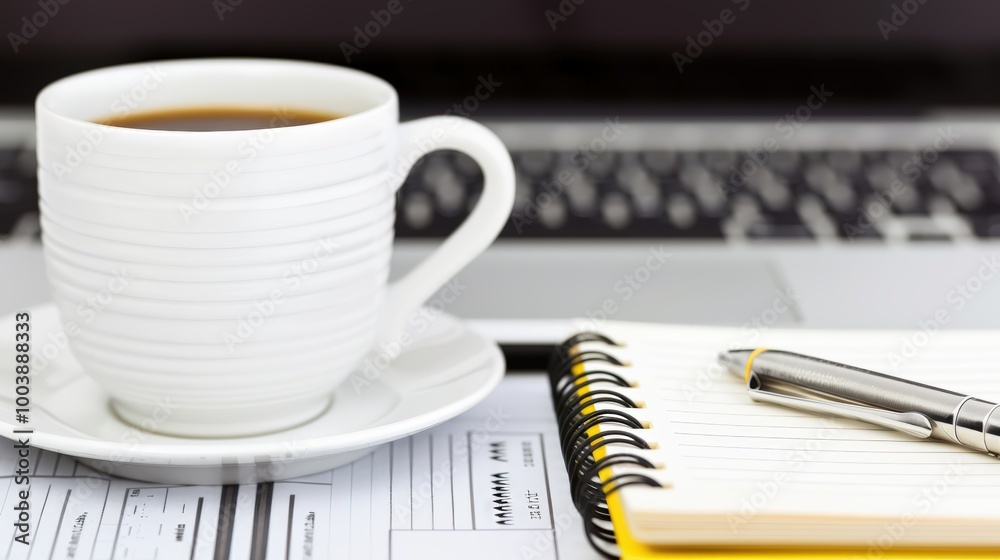 Modern Minimalist Desk Setup with Laptop and Coffee Modern Minimalist Desk Setup with Laptop and Coffee