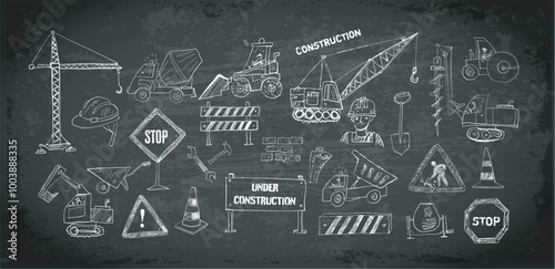 Vector doodle sketch of various heavy construction vehicles, including cranes, excavators, trucks, and loaders, in hand-drawn style on blackboard background