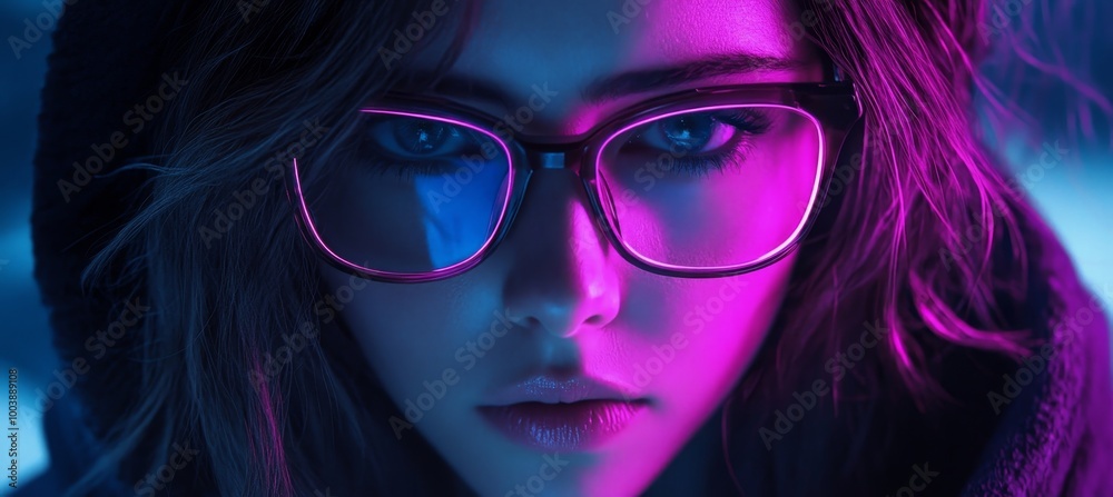 Portrait of a Young Woman with Neon Glasses and a Hoodie, Cyberpunk Style, Lit by Colorful Lights Portrait of a Young Woman with Neon Glasses and a Hoodie, Cyberpunk Style, Lit by Colorful Lights