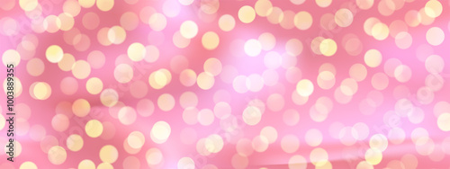 Gold festive glitter on pink bg as a seamless pattern. Yellow circles on rose blurred background. Vector illustration with gradient mesh and overlay effect