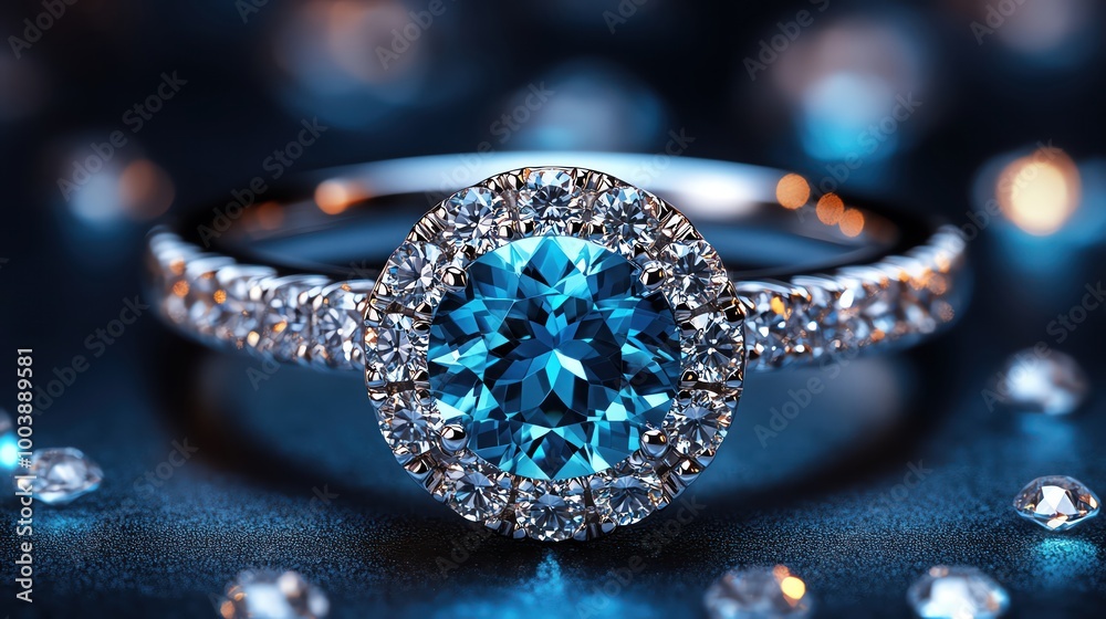 Bright aquamarine ring surrounded by diamonds, glittering with blue and white reflections Bright aquamarine ring surrounded by diamonds, glittering with blue and white reflections