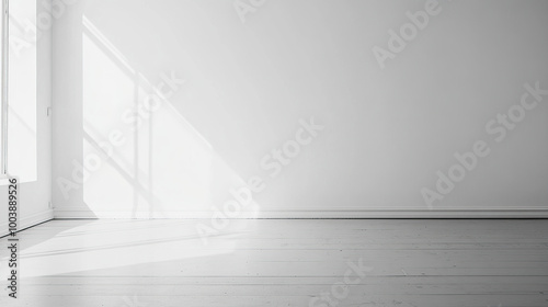 Minimalist plain white wall background with a grey floor, an empty room mockup template