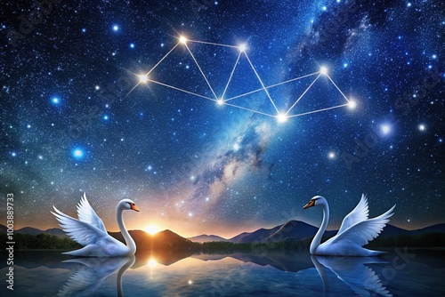 Low angle view of main stars constellations Swan Lyre and Eagle forming cosmic Summer Triangle in the sky photo