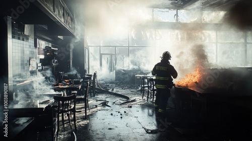 Wallpaper Mural Firefighter Battling Blaze in Destroyed Restaurant Torontodigital.ca