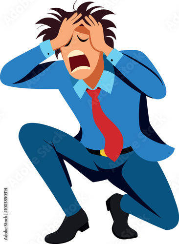 Stressed businessman crouching and screaming in fear