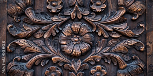 Detailed view of an intricately designed dark wooden wall panel highlighting the contrasting texture of natural wood grain.