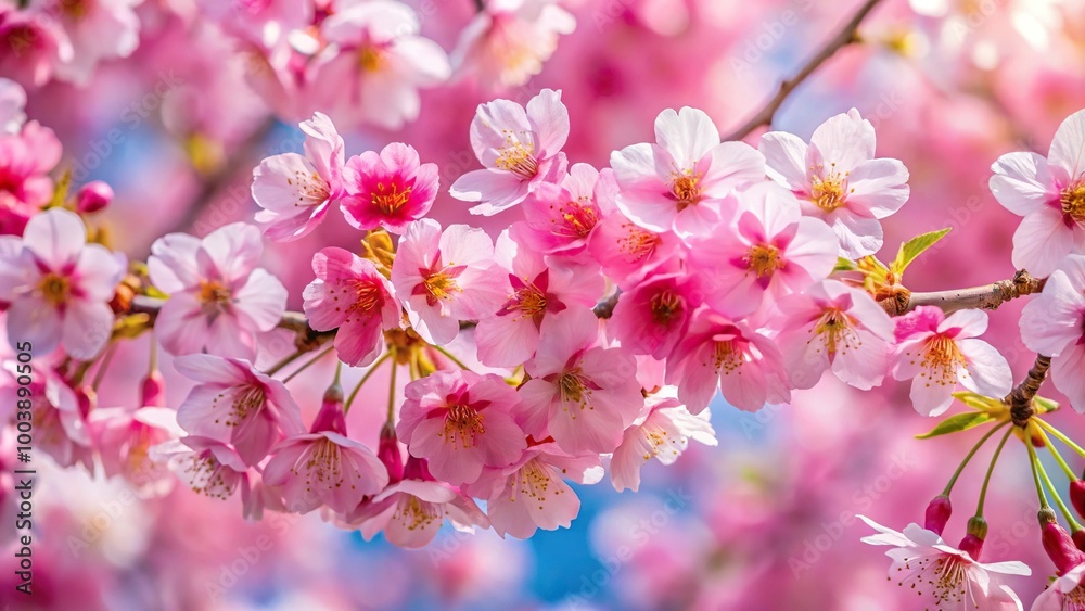 Low angle view of pink cherry blossom with several sizes of sakura flowers Low angle view of pink cherry blossom with several sizes of sakura flowers