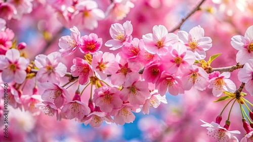 Low angle view of pink cherry blossom with several sizes of sakura flowers