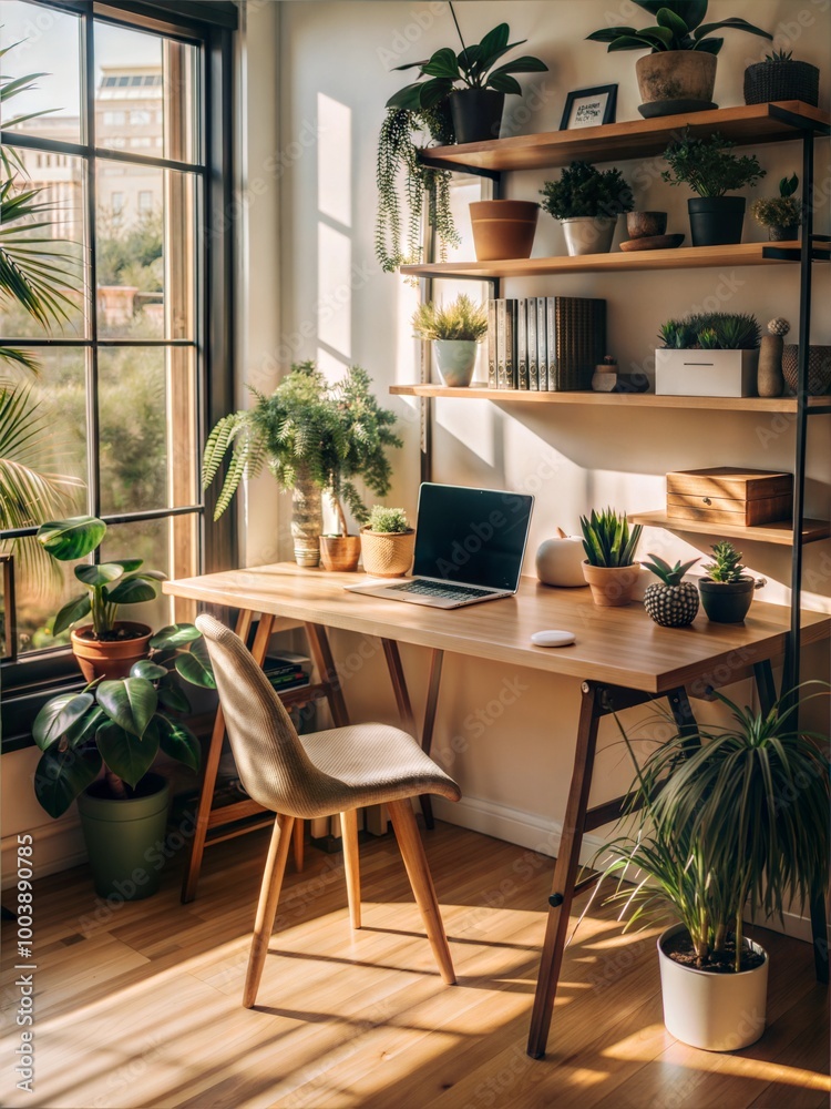 Scandinavian Inspired Home Office with Modern Desk and Plants Scandinavian Inspired Home Office with Modern Desk and Plants