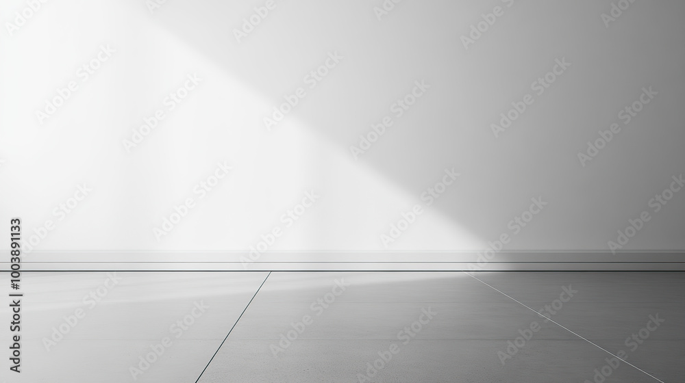 Minimalist plain white wall background with a grey floor, an empty room mockup template Minimalist plain white wall background with a grey floor, an empty room mockup template