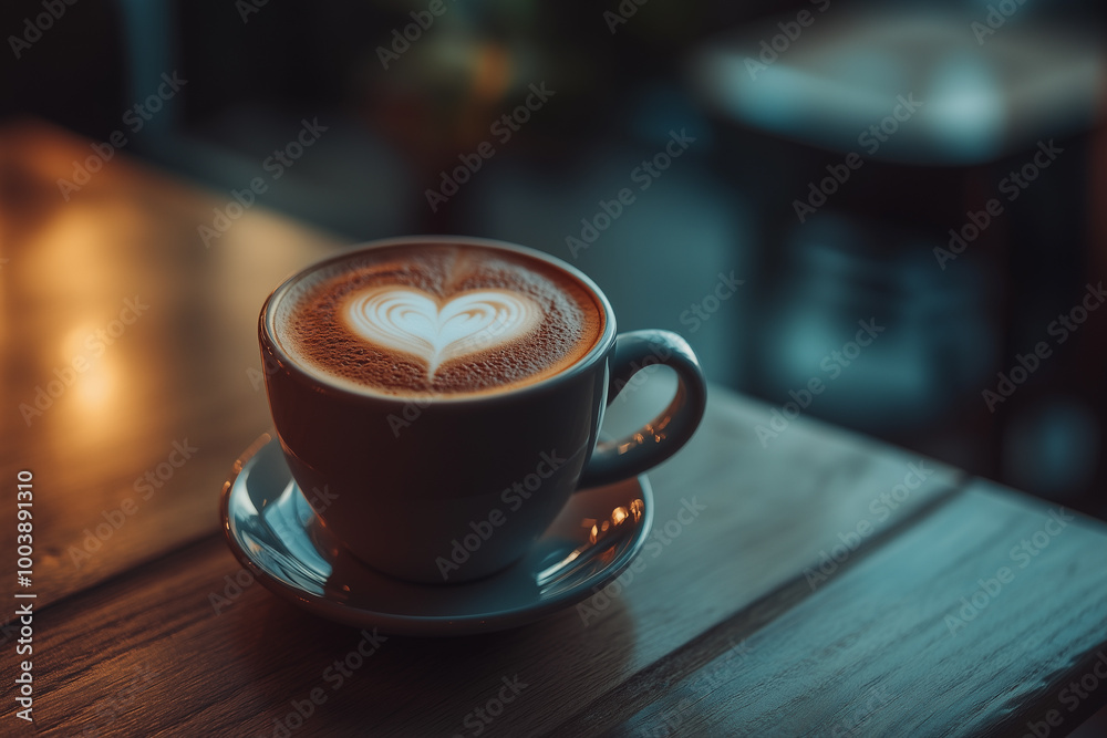 A beautifully crafted latte with heart-shaped art in the foam, placed on a wooden table, soft lighting A beautifully crafted latte with heart-shaped art in the foam, placed on a wooden table, soft lighting