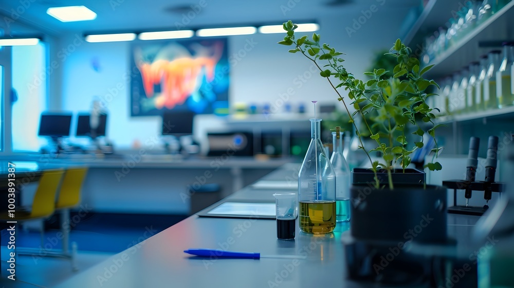 Naklejka premium Futuristic Synthetic Biology Classroom with Advanced Gene Editing Technology