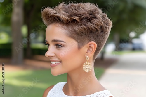 Woman with a short pixie haircut hairstyle. Shampoo, conditioner product promotional advertising.