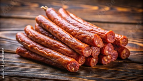 Low angle view of thin dry smoked Polish sausage on wooden background photo