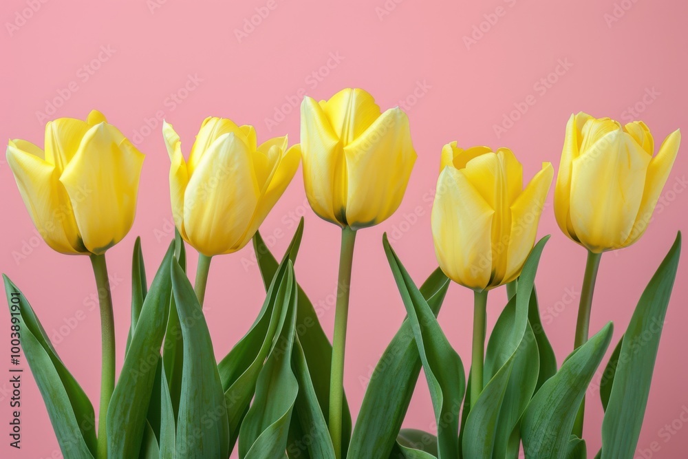 Obraz premium Row of Six Yellow Tulips on a Pink Background, Symbolizing Spring, Simplicity, and Natural Beauty