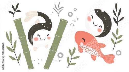 Wallpaper Mural Cute Koi Fish and Happy Cartoon Characters Illustration Torontodigital.ca