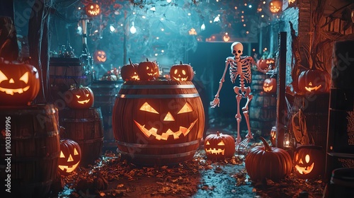 Skeleton with pumpkins in a spooky Halloween-themed setting. photo