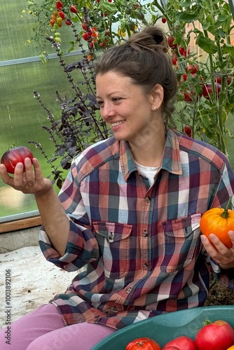  woman farmer picking tomatoes greenhouse