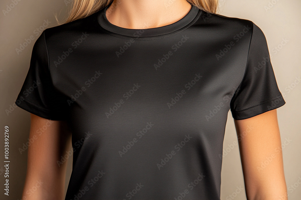 young woman in black t shirt stands confidently, showcasing sleek fabric and modern design. simplicity of attire highlights her style and elegance young woman in black t shirt stands confidently, showcasing sleek fabric and modern design. simplicity of attire highlights her style and elegance
