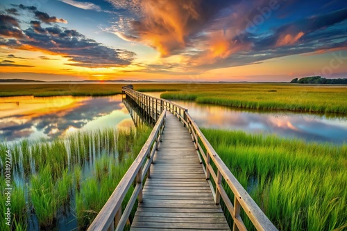 Low angle view of wooden pier in South Carolina Lowcountry marsh during sunset with green grass