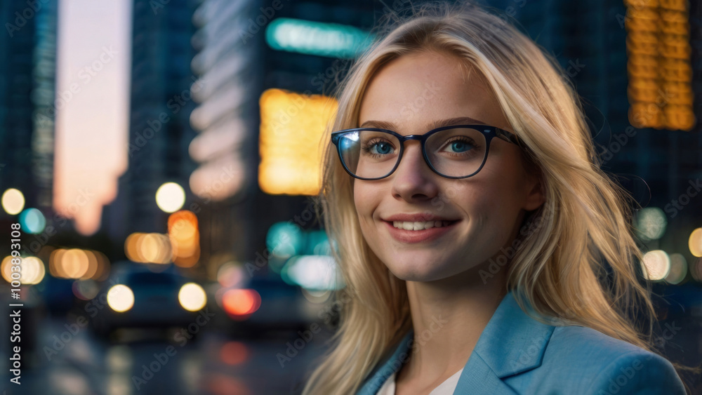portrait of a young beautiful smiling blonde girl with with glasses she looking at camara with loose hair dressed in a business suit, night city at background portrait of a young beautiful smiling blonde girl with with glasses she looking at camara with loose hair dressed in a business suit, night city at background