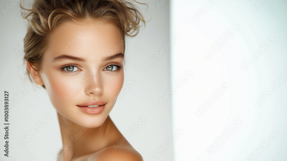 Beauty model wearing white backless dress, clear skin texture, skincare Beauty model wearing white backless dress, clear skin texture, skincare