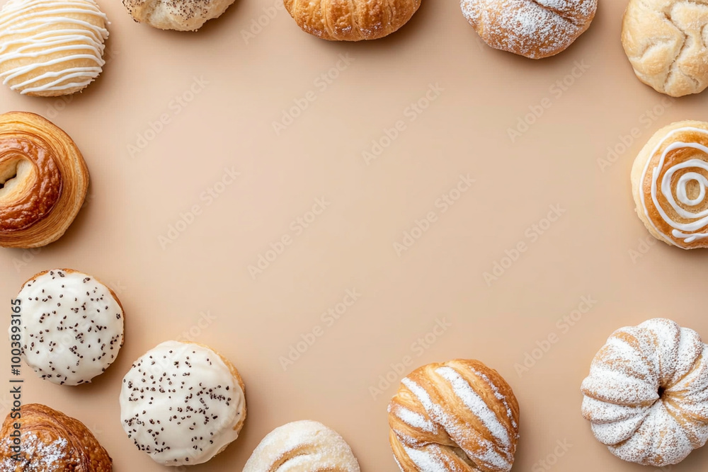Fototapeta premium Delight in variety of crisp croissants, fluffy pastries, and delicate buns arranged beautifully on soft beige background, creating warm and inviting atmosphere