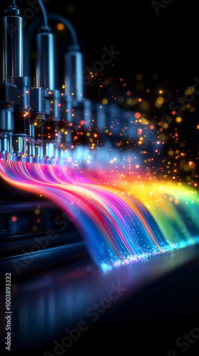 Colorful light streaks and an abstract digital background of a large-format poster printing machine with colorful spools, depicting the printing process concept