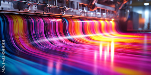 Colorful light streaks and an abstract digital background of a large-format poster printing machine with colorful spools, depicting the printing process concept