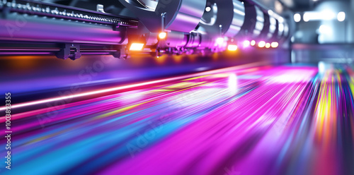 Colorful light streaks and an abstract digital background of a large-format poster printing machine with colorful spools, depicting the printing process concept photo