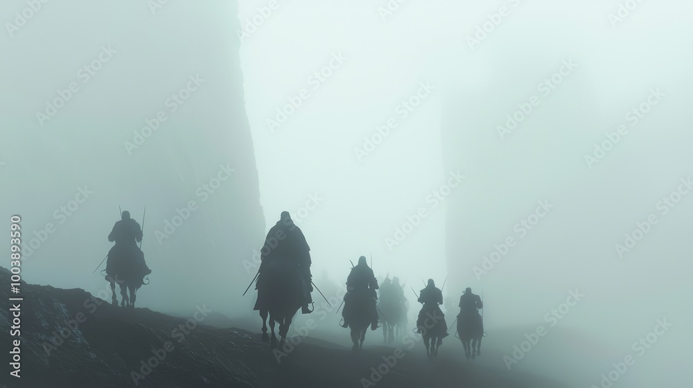 Into the Shadows: Haunting Japanese Spectral Warriors on Horseback in Foggy Mountain Pass