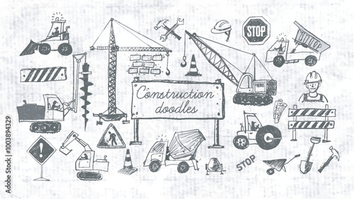Vector doodle sketch of various heavy construction vehicles, including cranes, excavators, trucks, and loaders, in hand-drawn style on old paper background