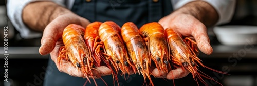 Celebrating Fresh Seafood  Chef Holding a Plentiful Catch of King Prawns, Ready for Preparation photo