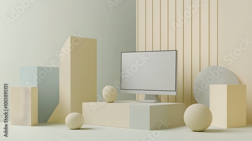 Wallpaper Mural Mock up composition with computer and geometry figures 3d render.  Torontodigital.ca
