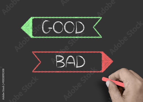 good or bad choice concept, business ethics on chalk board