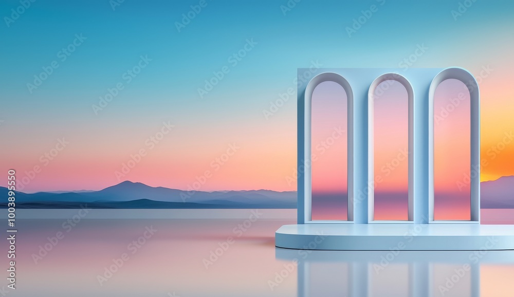 Abstract Pastel Blue Background with Podium and Glass Arches for Product Presentation Abstract Pastel Blue Background with Podium and Glass Arches for Product Presentation