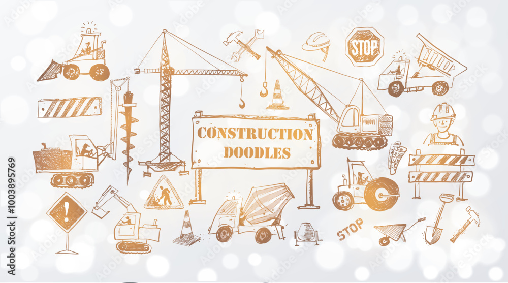 Naklejka premium Vector doodle sketch of various heavy construction vehicles, including cranes, excavators, trucks, and loaders, in hand-drawn style on white shimmering background