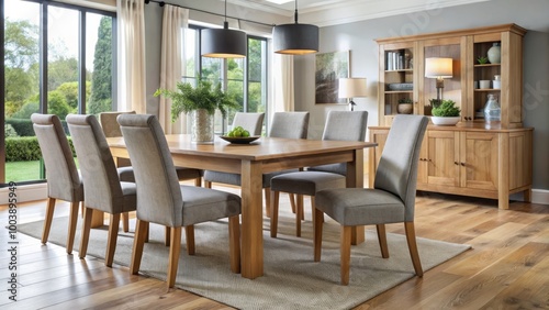 Stylish chairs complement a refined oak dining set, elevating contemporary interior design and providing a luxurious