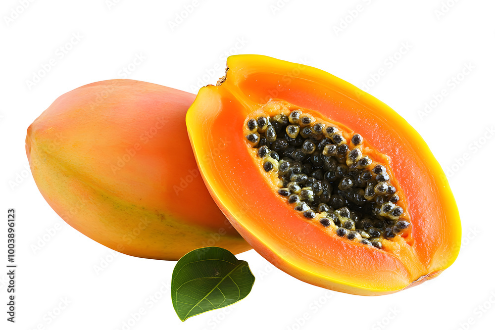 Fresh halved papaya fruit with green leaf on white background