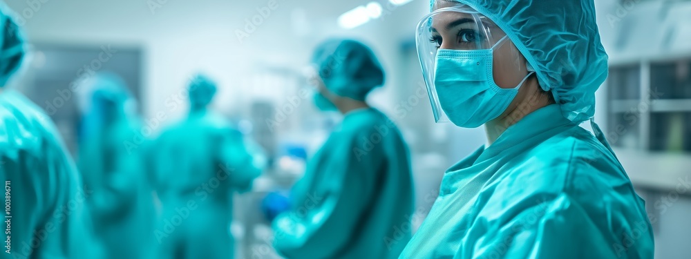 Medical professionals in surgical scrubs and masks working in a modern hospital operating room during a complex medical procedure Medical professionals in surgical scrubs and masks working in a modern hospital operating room during a complex medical procedure
