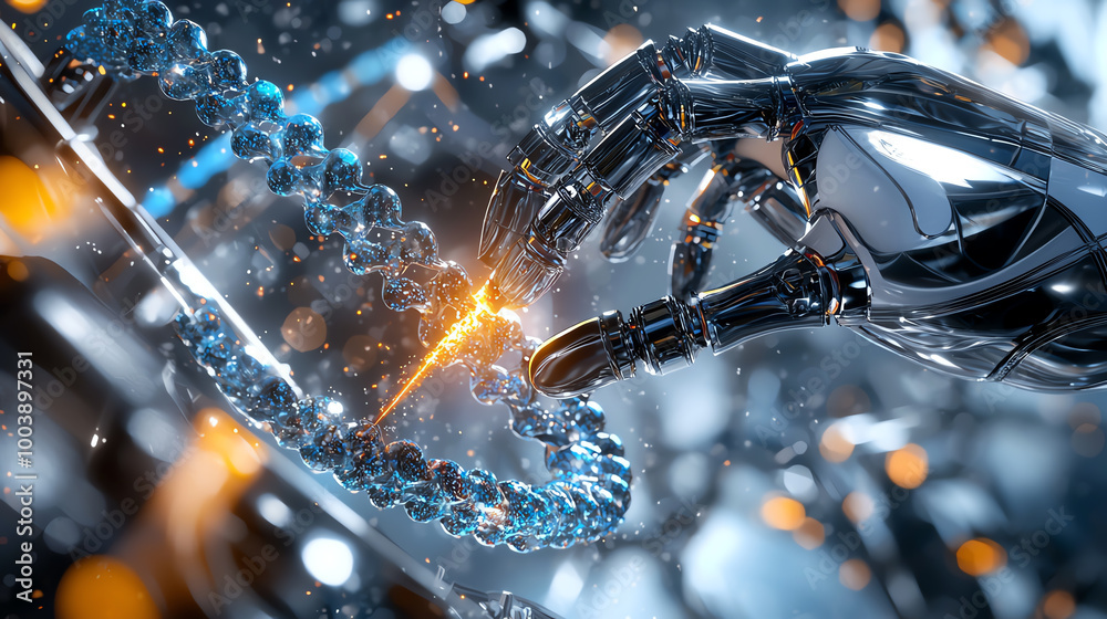 Robotic hand interacts with DNA helix, futuristic concept. Robotic hand interacts with DNA helix, futuristic concept.