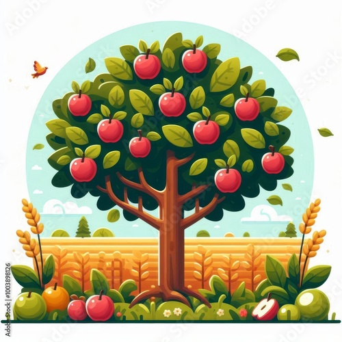 Cute apple tree with ripe fruits. Harvest tree. Concept of juicy fruit harvest, organic products