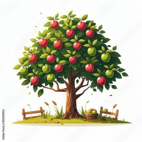 Cute apple tree with ripe fruits. Harvest tree. Concept of juicy fruit harvest, organic products
