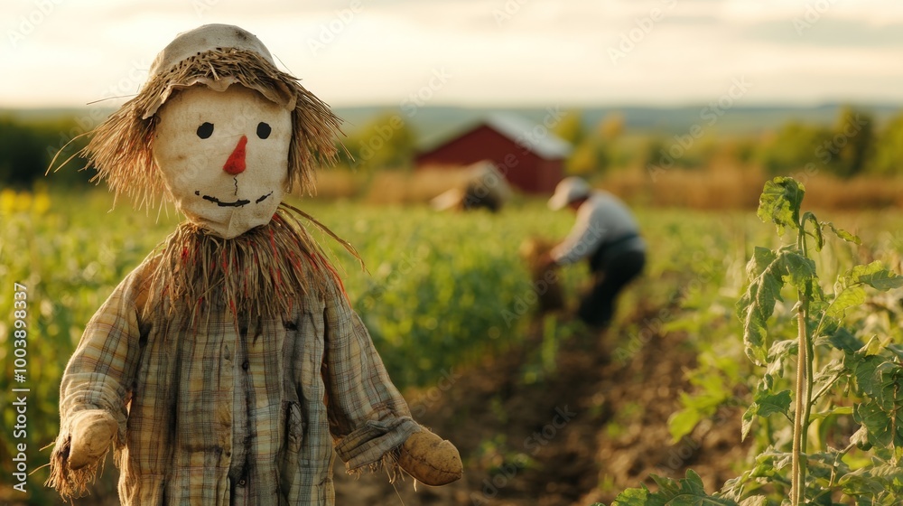 A scarecrow standing in a field, with a blurred farmer working among the crops in the background, adding a traditional farm touch A scarecrow standing in a field, with a blurred farmer working among the crops in the background, adding a traditional farm touch
