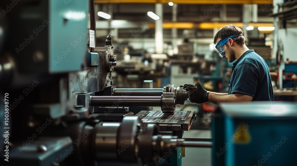 Worker operating machinery in a manufacturing plant during daylight hours Worker operating machinery in a manufacturing plant during daylight hours