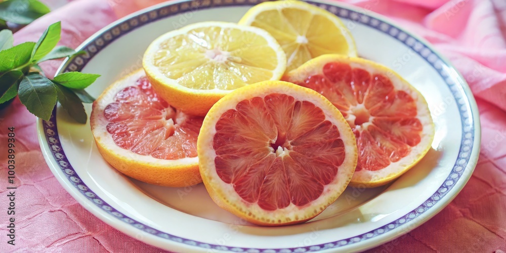 Slices of citrus fruit arranged on a decorative plate.