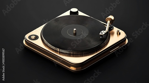 Gold record player with black turntable on black background. photo